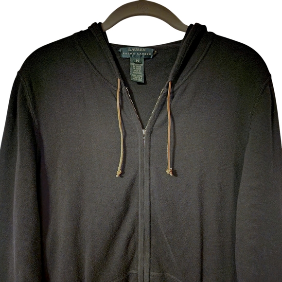 LRL Lauren Ralph Lauren Hoodie Black Brown Leather Trim Full Zip | Size Medium - Picture 2 of 7